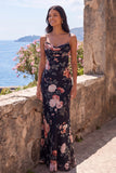 Robe longue formelle en mousseline à bretelles fines fleuries en sirène noire