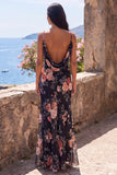 Robe longue formelle en mousseline à bretelles fines fleuries en sirène noire