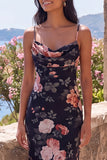 Robe longue formelle en mousseline à bretelles fines fleuries en sirène noire