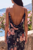 Robe longue formelle en mousseline à bretelles fines fleuries en sirène noire