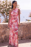 Robe Maxi en mousseline rose à une épaule en chiffon fleuri