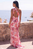 Robe Maxi en mousseline rose à une épaule en chiffon fleuri