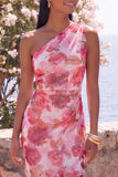 Robe Maxi en mousseline rose à une épaule en chiffon fleuri