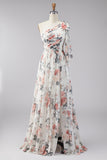 Robe maskini fleurie froncée en chiffon en A ivoire avec fente
