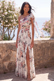 Robe maskini fleurie froncée en chiffon en A ivoire avec fente