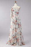 Robe maskini fleurie froncée en chiffon en A ivoire avec fente