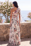 Robe maskini fleurie froncée en chiffon en A ivoire avec fente