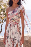 Robe maskini fleurie froncée en chiffon en A ivoire avec fente