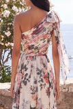 Robe maskini fleurie froncée en chiffon en A ivoire avec fente