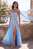 Robe Maxi Fleur A-Line bleu chiffon Sweetheart avec fente