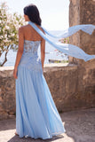 Robe Maxi Fleur A-Line bleu chiffon Sweetheart avec fente