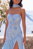 Robe Maxi Fleur A-Line bleu chiffon Sweetheart avec fente