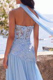 Robe Maxi Fleur A-Line bleu chiffon Sweetheart avec fente