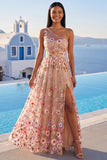 Robe maxi fleurie en A brodée en champagne à une épaule avec fente