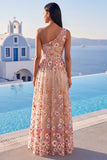 Robe maxi fleurie en A brodée en champagne à une épaule avec fente