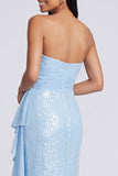 Robe formelle sirène rose clair rose clair et froncée sans bretelles