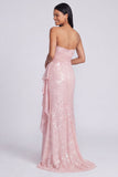 Robe formelle sirène rose clair rose clair et froncée sans bretelles