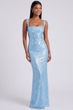 Robe formelle de sirène bleu clair à col carré à sequins