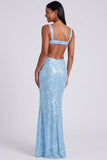 Robe formelle de sirène bleu clair à col carré à sequins