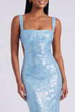 Robe formelle de sirène bleu clair à col carré à sequins