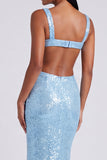 Robe formelle de sirène bleu clair à col carré à sequins