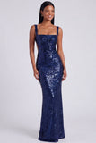 Robe formelle de sirène bleu clair à col carré à sequins