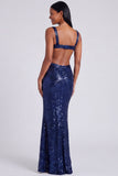 Robe formelle de sirène bleu clair à col carré à sequins