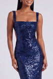 Robe formelle de sirène bleu clair à col carré à sequins