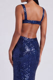 Robe formelle de sirène bleu clair à col carré à sequins