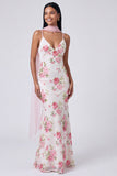 Robe Maxi à fleurs Sirène rose blanc avec paillettes