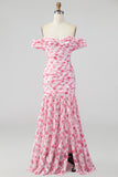 Robe Maxi rose rose à fleurs A Short Shoulder
