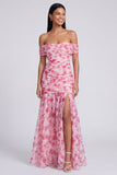 Robe Maxi rose rose à fleurs A Short Shoulder