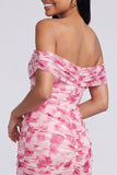 Robe Maxi rose rose à fleurs A Short Shoulder