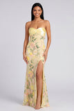 Robe Maxi florale sirène jaune sans bretelles avec fente