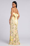 Robe Maxi florale sirène jaune sans bretelles avec fente