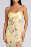 Robe Maxi florale sirène jaune sans bretelles avec fente