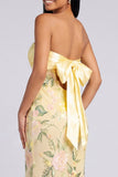 Robe Maxi florale sirène jaune sans bretelles avec fente