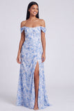 Robe formelle bleue fleurale A à épaules décalées avec fente