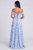 Robe formelle bleue fleurale A à épaules décalées avec fente