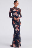 Robe formelle à manches longues en sirène à col fleuri en ivoire