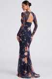 Robe formelle à manches longues en sirène à col fleuri en ivoire