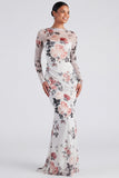 Robe formelle à manches longues en sirène à col fleuri en ivoire