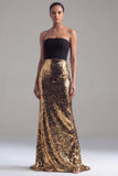 Robe formelle sirène sans bretelles en sequins noir et or