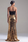 Robe formelle sirène sans bretelles en sequins noir et or
