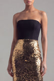 Robe formelle sirène sans bretelles en sequins noir et or