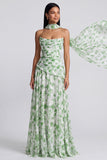 Robe Maxi fleurie A Strapless Strapless vert clair avec écharpe