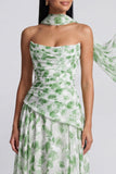 Robe Maxi fleurie A Strapless Strapless vert clair avec écharpe