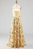 Robe Maxi fleurie jaune A Stripless avec écharpe