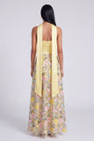 Robe Maxi fleurie jaune A Stripless avec écharpe
