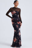Robe formelle à manches longues en sirène à col fleuri noir à illusion